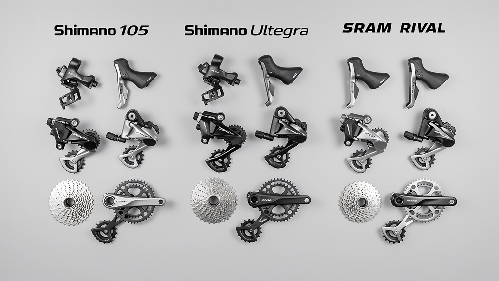 Comparatif groupes Shimano 105, Ultegra, SRAM Rival — dérailleurs et manettes