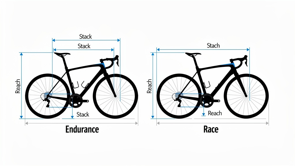 Géométrie vélo endurance vs race — comparaison stack et reach