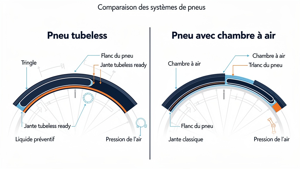 Tubeless vs chambre à air — coupe transversale et comparaison